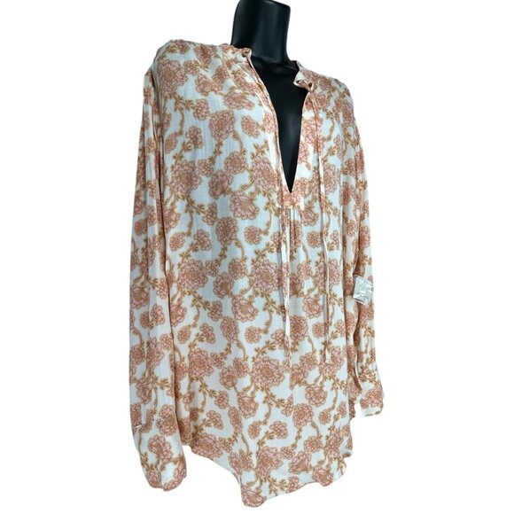 FREE PEOPLE Mia Tunic Top Sz M Pink Beige Floral VNeck Tie Front Viscose Woven - Picture 14 of 16